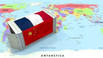 China and France Flag on Shipping Container with World Map, Trade Relations, Import and Export, 3D Rendering video