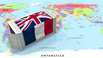 United Kingdom and France Flag on Shipping Container with World Map, Trade Relations, Import and Export, 3D Rendering video