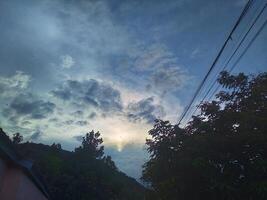 Looking straight up at the the sky. Thin clouds pattern with blue sky as background photo