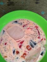 Ice jelly drink is a fresh drink made from pieces of jelly mixed with sweetened condensed milk and sugar water, then served with ice cubes photo