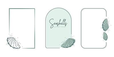 Set of hand drawn line art frames with shells, bubbles, algae and coral. Summer frame for monogram, logo, invitation, postcard, and more. Vintage wreath illustration isolated on white background. vector