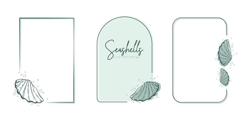 Set of hand drawn line art frames with shells, bubbles, algae and coral. Summer frame for monogram, logo, invitation, postcard, and more. Vintage wreath illustration isolated on white background.
