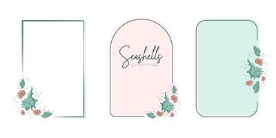 Set of hand drawn line art frames with shells, bubbles, algae and coral. Summer frame for monogram, logo, invitation, postcard, and more. Vintage wreath illustration isolated on white background. vector