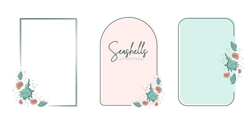 Set of hand drawn line art frames with shells, bubbles, algae and coral. Summer frame for monogram, logo, invitation, postcard, and more. Vintage wreath illustration isolated on white background.