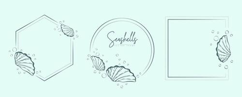 Set of hand drawn line art frames with shells, bubbles, algae and coral. Summer frame for monogram, logo, invitation, postcard, and more. Vintage wreath illustration isolated on white background. vector