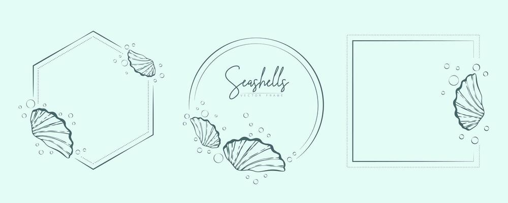 Set of hand drawn line art frames with shells, bubbles, algae and coral. Summer frame for monogram, logo, invitation, postcard, and more. Vintage wreath illustration isolated on white background.