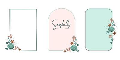 Set of hand drawn line art frames with shells, bubbles, algae and coral. Summer frame for monogram, logo, invitation, postcard, and more. Vintage wreath illustration isolated on white background. vector