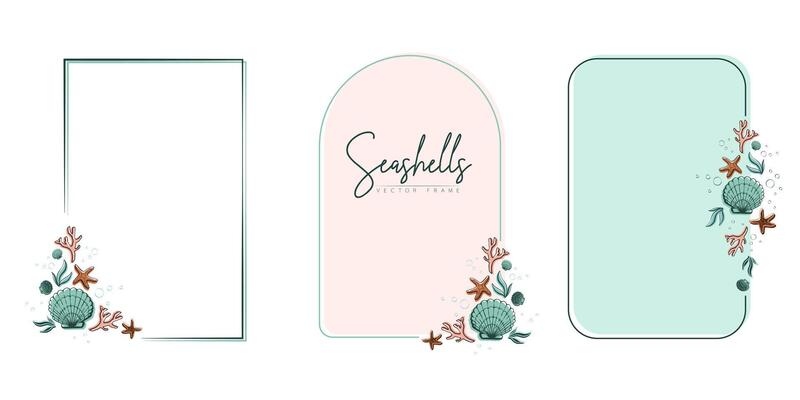Set of hand drawn line art frames with shells, bubbles, algae and coral. Summer frame for monogram, logo, invitation, postcard, and more. Vintage wreath illustration isolated on white background.