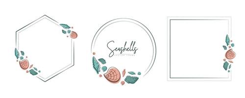 Set of hand drawn line art frames with shells, bubbles, algae and coral. Summer frame for monogram, logo, invitation, postcard, and more. Vintage wreath illustration isolated on white background. vector