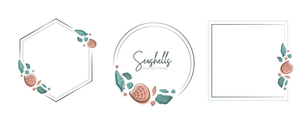 Set of hand drawn line art frames with shells, bubbles, algae and coral. Summer frame for monogram, logo, invitation, postcard, and more. Vintage wreath illustration isolated on white background.
