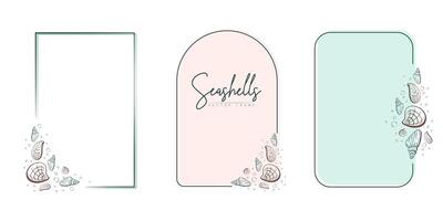 Set of hand drawn line art frames with shells, bubbles, algae and coral. Summer frame for monogram, logo, invitation, postcard, and more. Vintage wreath illustration isolated on white background. vector