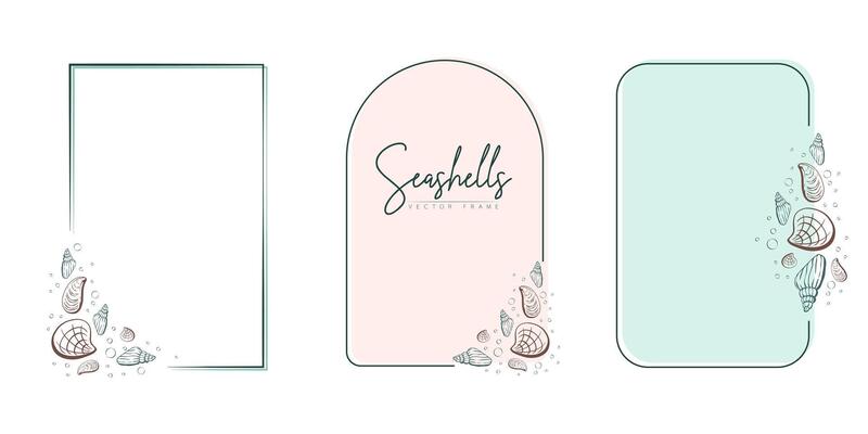 Set of hand drawn line art frames with shells, bubbles, algae and coral. Summer frame for monogram, logo, invitation, postcard, and more. Vintage wreath illustration isolated on white background.