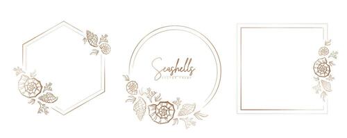 Set of hand drawn line art frames with shells, bubbles, algae and coral. Summer frame for monogram, logo, invitation, postcard, and more. Vintage wreath illustration isolated on white background. vector