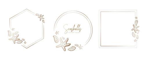 Set of hand drawn line art frames with shells, bubbles, algae and coral. Summer frame for monogram, logo, invitation, postcard, and more. Vintage wreath illustration isolated on white background. vector