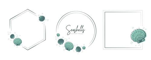 Set of hand drawn line art frames with shells, bubbles, algae and coral. Summer frame for monogram, logo, invitation, postcard, and more. Vintage wreath illustration isolated on white background. vector