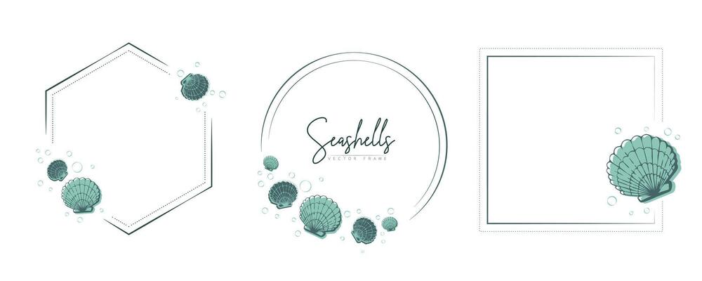 Set of hand drawn line art frames with shells, bubbles, algae and coral. Summer frame for monogram, logo, invitation, postcard, and more. Vintage wreath illustration isolated on white background.