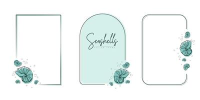 Set of hand drawn line art frames with shells, bubbles, algae and coral. Summer frame for monogram, logo, invitation, postcard, and more. Vintage wreath illustration isolated on white background. vector