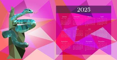 2025 Calendar design with Zodiac Snake. 2025 New Year Calendar with polygonal green Snake. poly low aesthetic. Editable stroke pink background colorful design for print vector