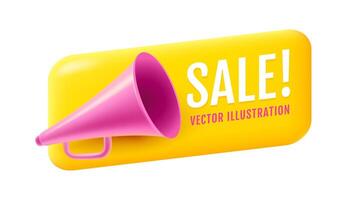 Vintage pink megaphone on yellow banner in realistic 3d style. Retro loudspeaker on yellow background. vector