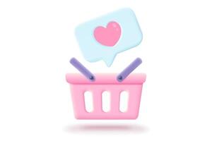 Pink shopping basket in realistic 3d style with like icon. pink shopping basket on isolated background. vector
