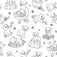 Seamless pattern with cute polar baby bear on ice floe and sleeping. Cartoon hand drawn outline illustrations vector