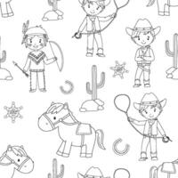 Hand drawn monochrome seamless pattern with line cowboy. Cute childish outline repeat pattern on white background for kids vector