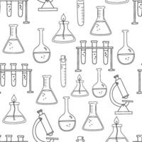 Seamless monochrome pattern with doodles science and education. Outline sketches on white background. Microscope, test tubes line illustrations vector