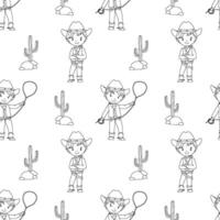 Hand drawn onochrome seamless pattern with line cowboy and cactus. Cute childish outline repeat pattern on white background for kids vector