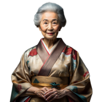 Senior mulher vestindo tradicional japonês quimono em uma transparente fundo png