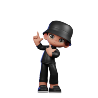 3d Cartoon Boy in a Black Suit and Hat Waving Pointing Up Pose png