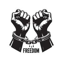 A pair of hands chained to a chain with the text words freedom. A pair of hand in handcuff. Hand drawn illustration. vector