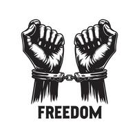 A pair of hands chained to a chain with the text words freedom. A pair of hand in handcuff. Hand drawn illustration. vector