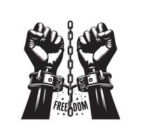 A pair of hands chained to a chain with the text words freedom. A pair of hand in handcuff. Hand drawn illustration. vector