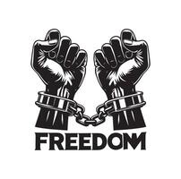 A pair of hands chained to a chain with the text words freedom. A pair of hand in handcuff. Hand drawn illustration. vector