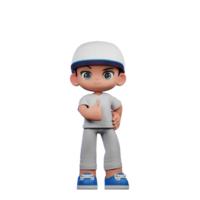 3d cartone animato ragazzo con un' baseball berretto e grigio pantaloni mostrando pollici su posa png