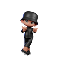 3d Cartoon Boy in a Black Suit and Hat Waving Pointing at Side Pose png