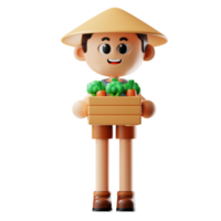 3d Farmer Boy With Straw Hat Bring Carrots and Broccoli Basket png
