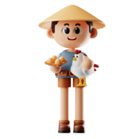 3d Farmer Boy With Straw Hat Holding Chicken And A Basket Of Eggs png