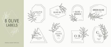 Olive label templates set with olive branches in minimal linear style. leaves and olive fruits vector