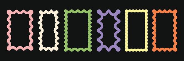 Color squiggle frames set. Zigzag wavy edges, retro frames, psychedelic rectangles, photo frames, mirror border. groovy shapes set of wave borders vector