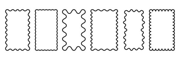 Scallop frames set. Zigzag wavy edges, retro squiggle frames, psychedelic rectangles, photo frames, text boxes, tags, labels. groovy shapes set. Wave and curvy borders. vector