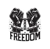 A pair of hands chained to a chain with the text words freedom. A pair of hand in handcuff. Hand drawn illustration. vector