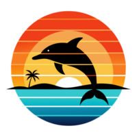A dolphin leaps against a backdrop of a setting sun, palm trees, and a calm sea png