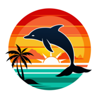A dolphin leaps against a backdrop of a setting sun, palm trees, and a calm sea png