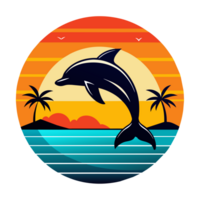 A dolphin leaps against a backdrop of a setting sun, palm trees, and a calm sea png