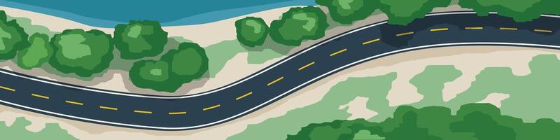 Above view of empty asphalt curves road path. Cutting through a natural forest area. With river ro seabeach beside forest. vector