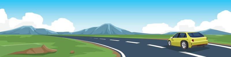 Luxury cars driving on curved asphalt roads with driving. Green open fields and mountain under blue sky for background. vector