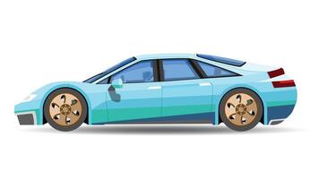 Concept illustration of detailed side of a flat mix blue sedan car with driving man inside car. with shadow of car on reflected from the ground below. And isolated white background. vector