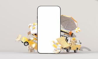 Time to travel. The concept of a summer trip or road trip. Arrange beautiful compositions and space for inserting words Ready to pin the destination using the map on phone. cartoon style 3d render photo