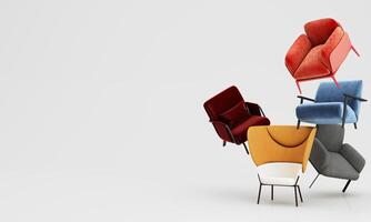 interior design concept Sale of home decorations and furniture During promotions and discounts, it is surrounded by sofas, armchairs and advertising spaces banner. colorful background. 3d render photo